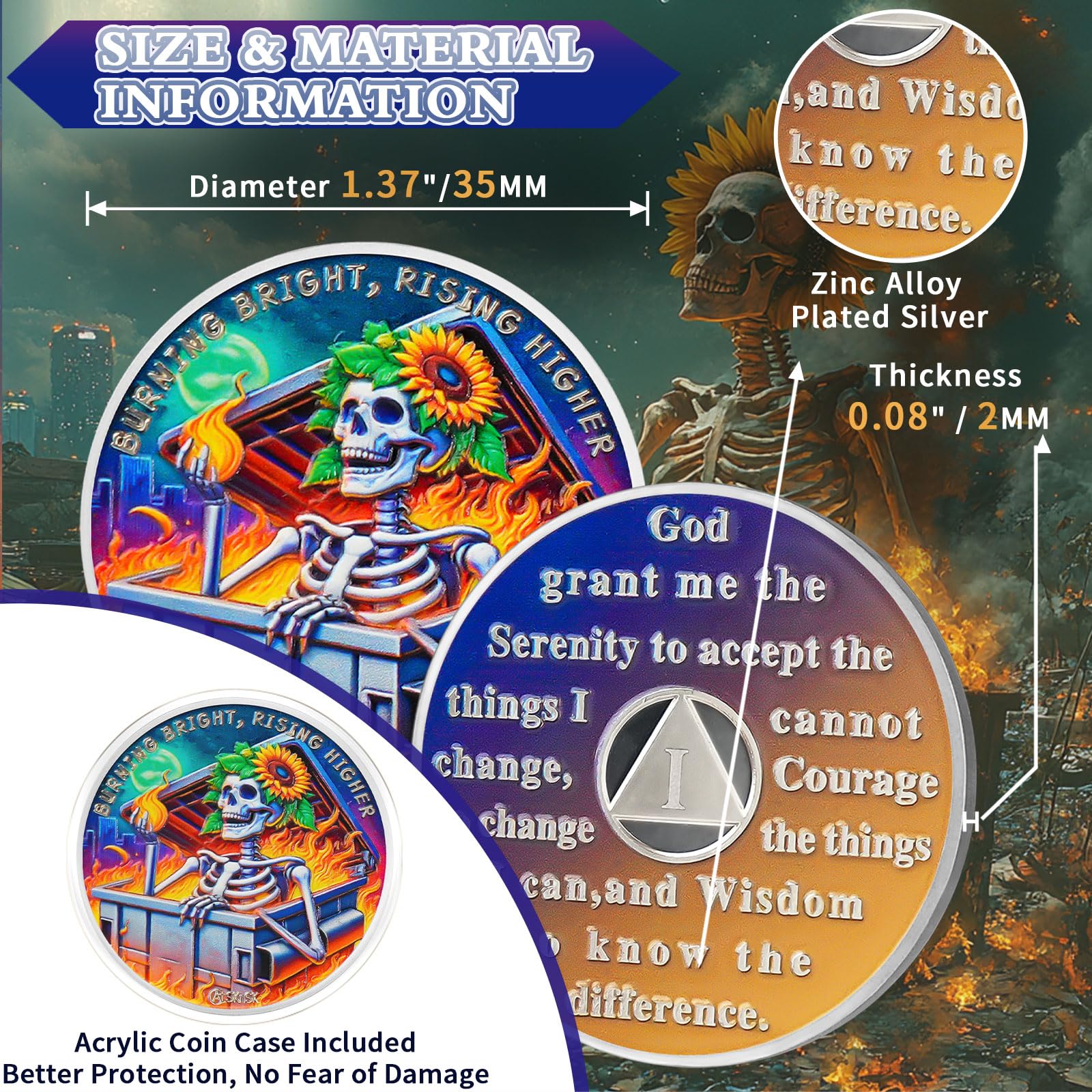 Personalized Reborn in Fire Sunflower Skeleton Sobriety Coin mysite