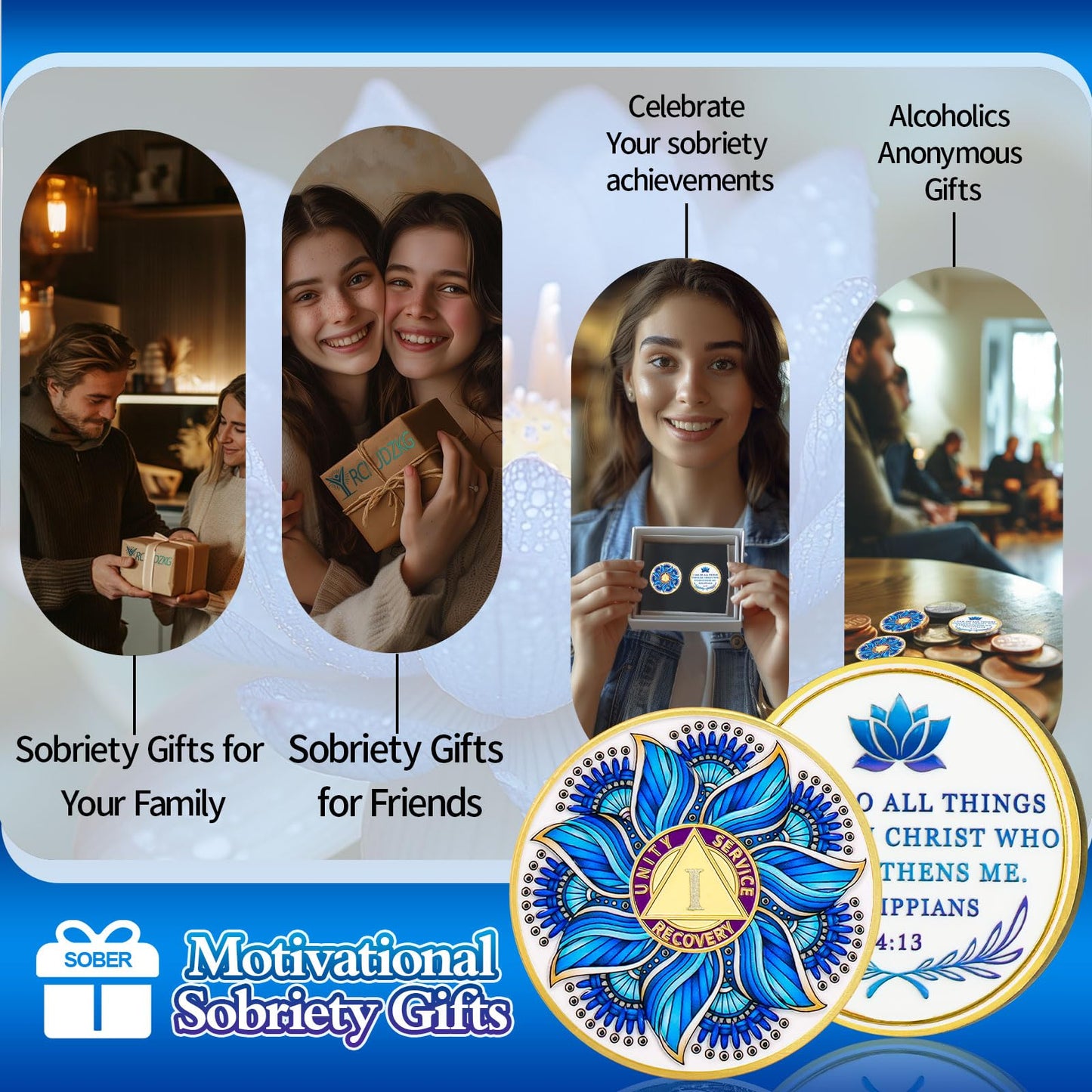 Personalized Recovery & Growth Blue Lotus Sobriety Coin mysite