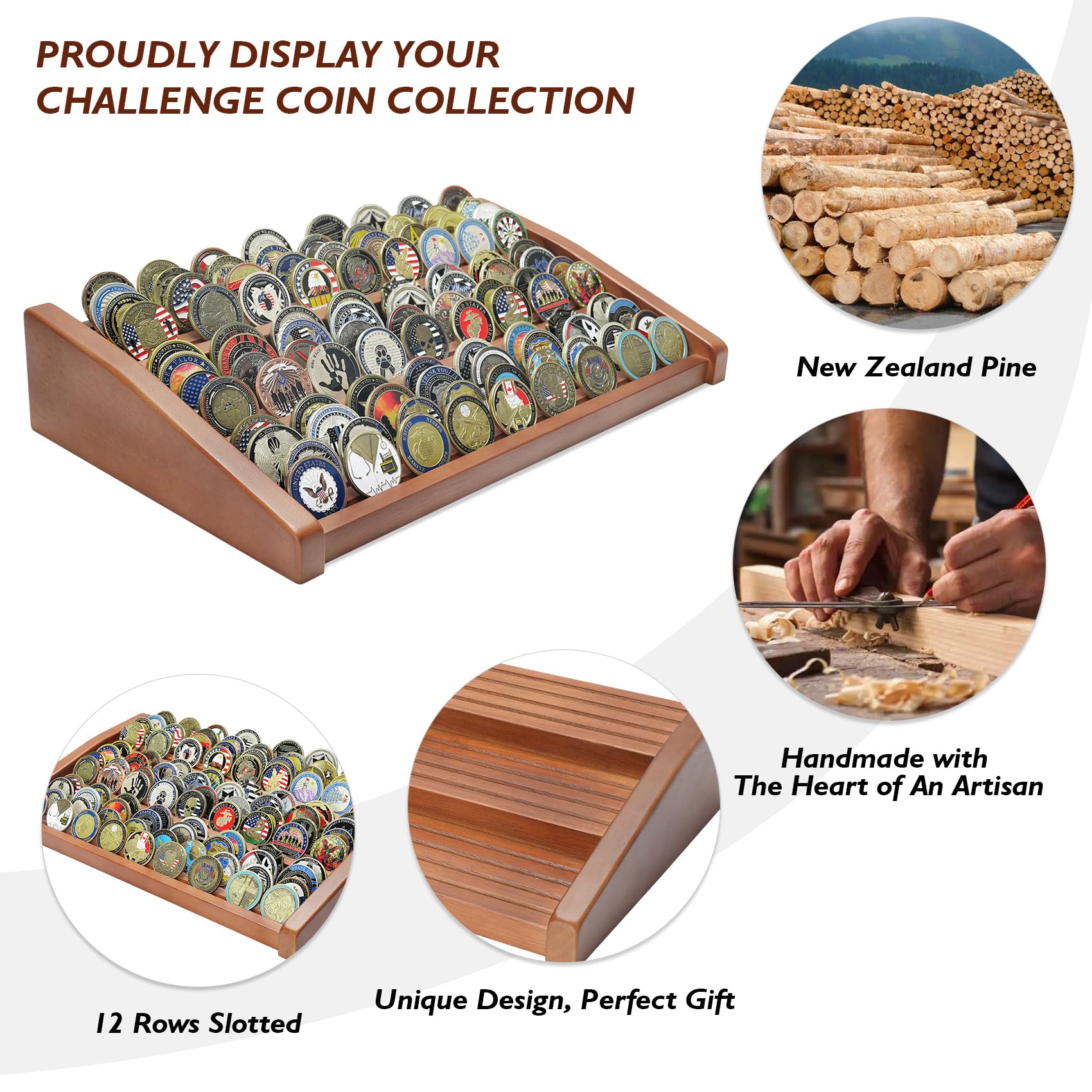 12 Rows Solid Wood  Coin Display Stand Holds 90-100 Coins mysite