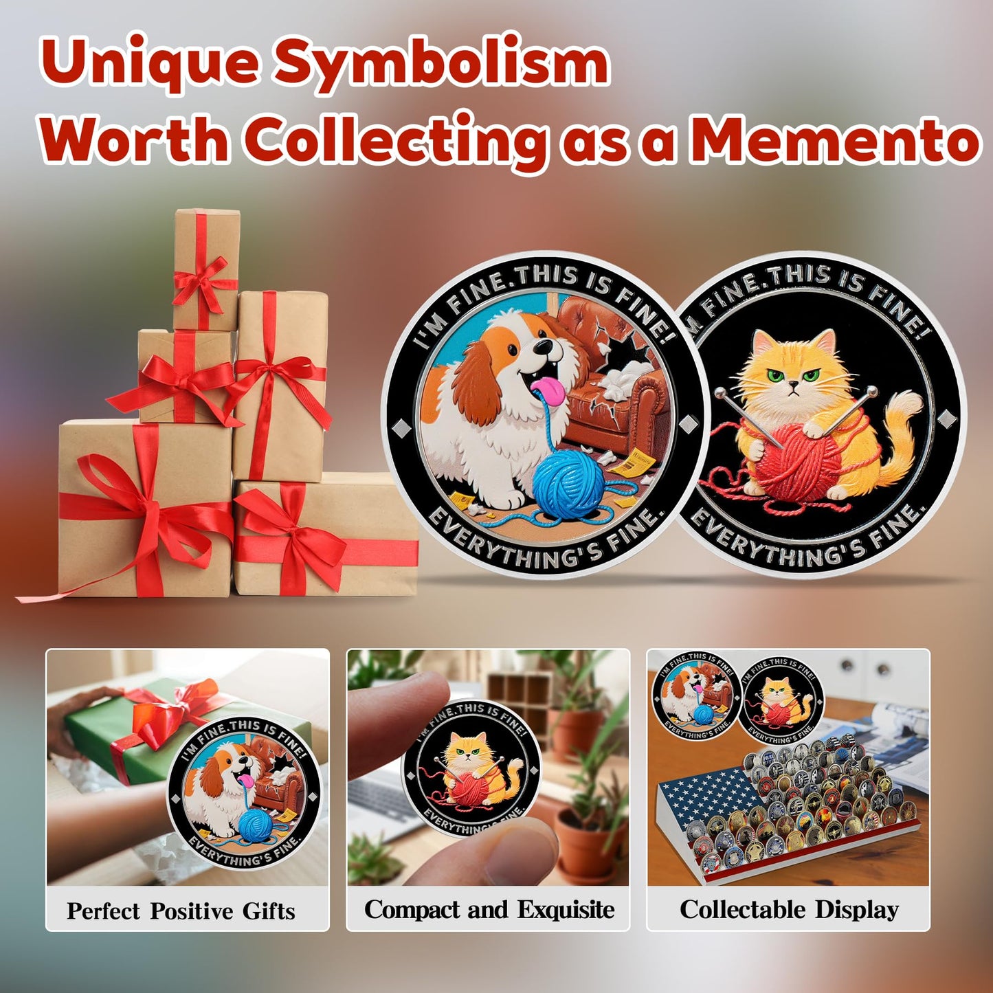 I am Fine It is Fine Everything is Fine Challenge Coins with Dog Cat Design mysite