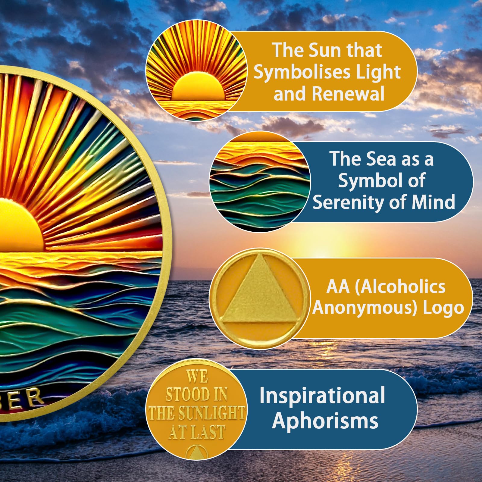 Colourful Sea Gold Sunrise Sobriety Coin mysite