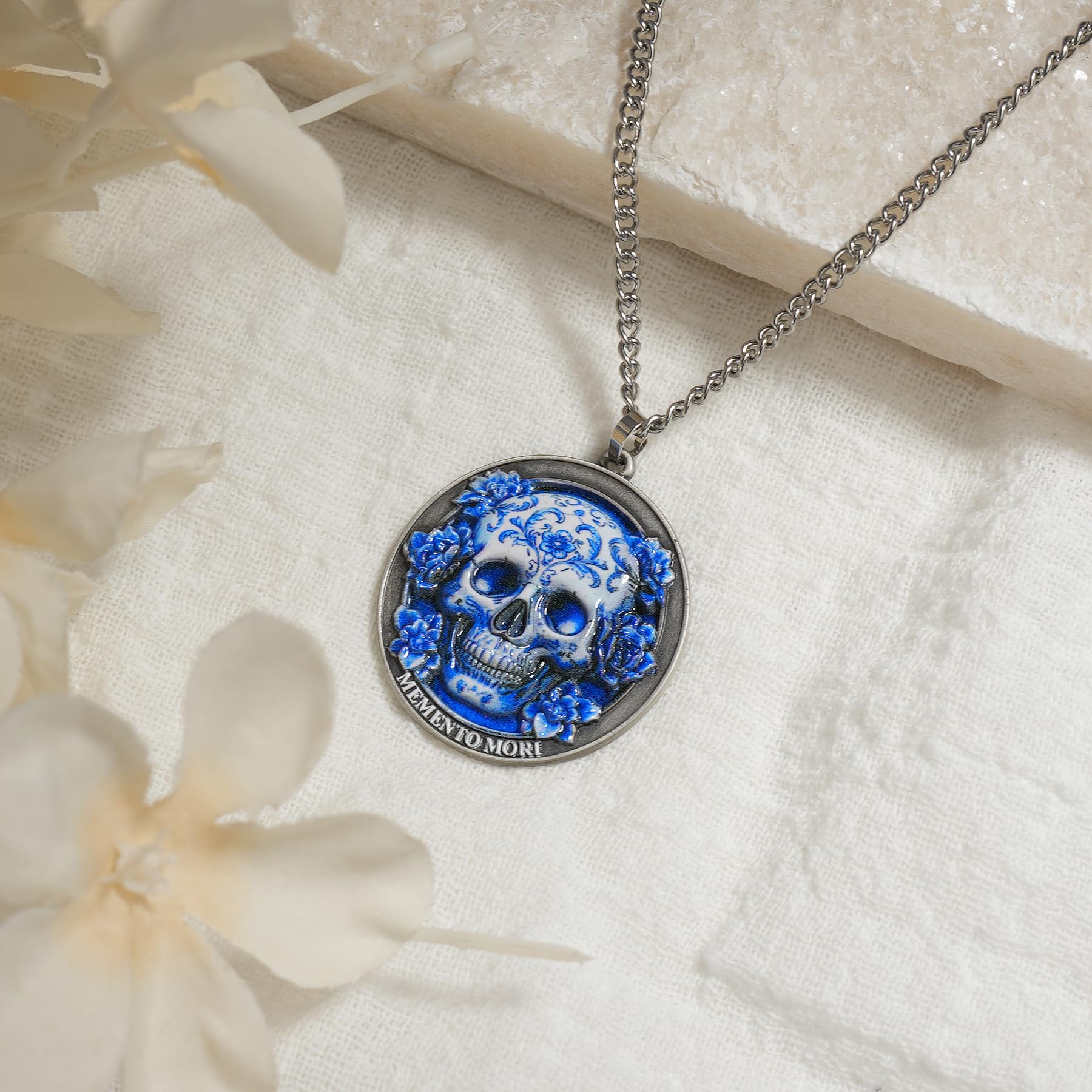 Memento Mori Skeleton Necklace with Blue White Porcelain Skull mysite