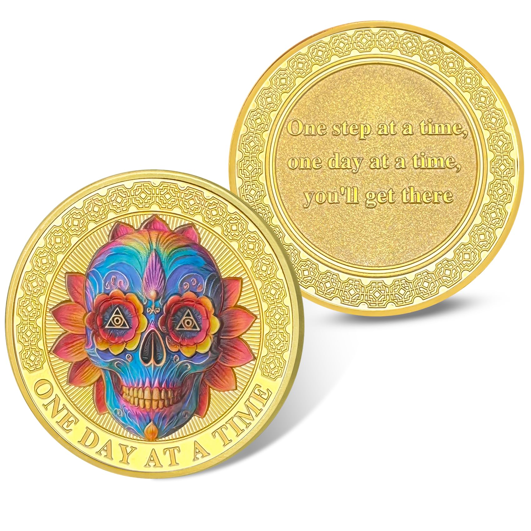 Colorful Skull Flower One Day at a Time Sobriety Coin mysite