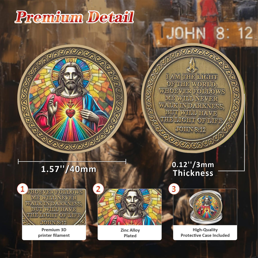 Original Sacred Heart Christian opper John 8:12 Jesus Religious Challenge Coin mysite