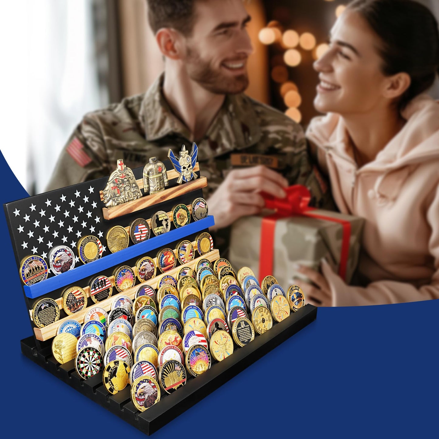 Wooden Removable 11 Rows Challenge Coin Display With American Flag mysite