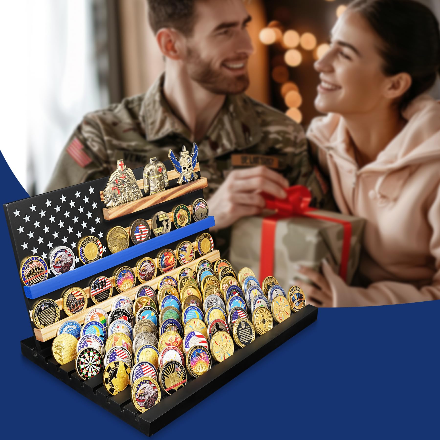 Wooden Removable 11 Rows Challenge Coin Display With American Flag mysite