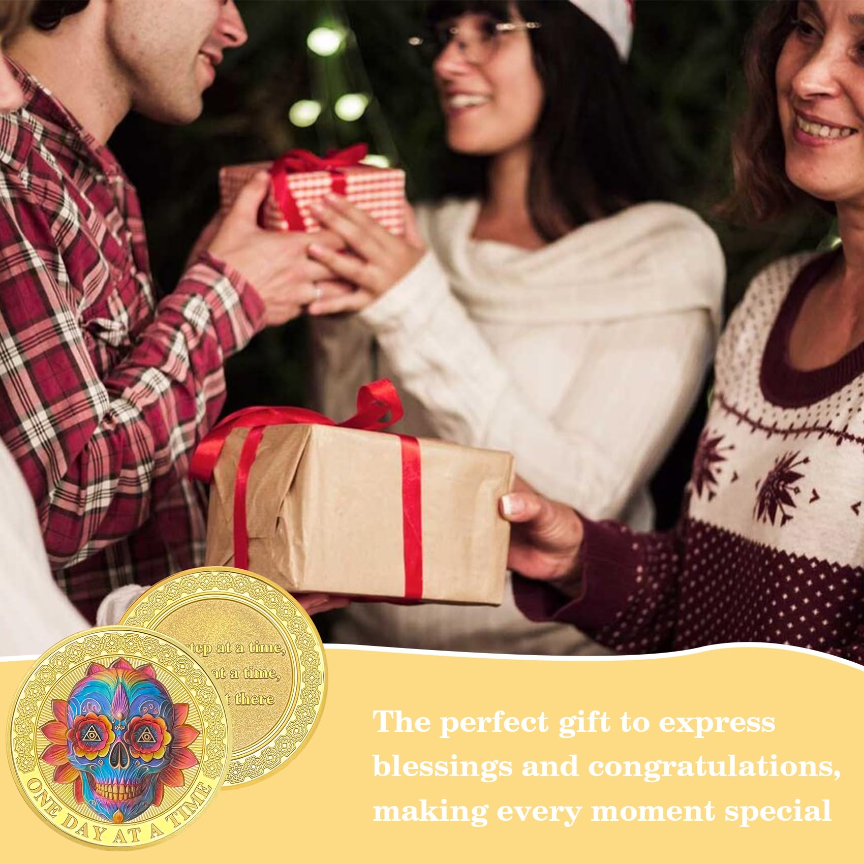 Colorful Skull Flower One Day at a Time Sobriety Coin mysite