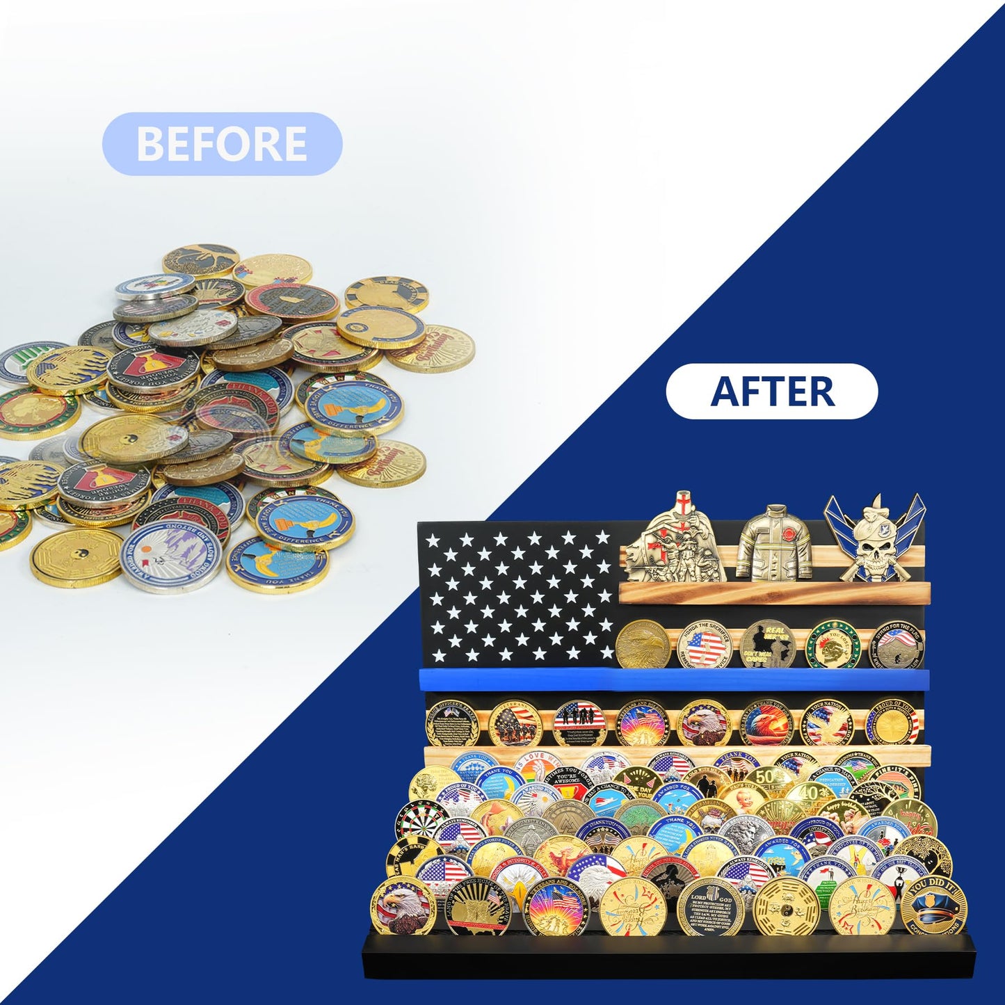 Wooden Removable 11 Rows Challenge Coin Display With American Flag mysite