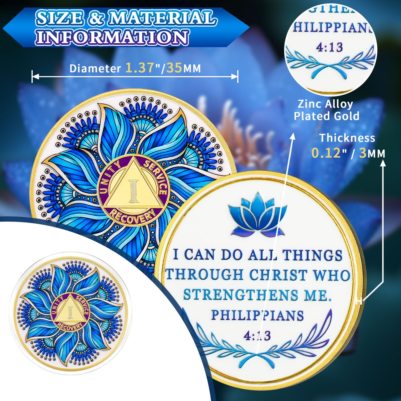 Personalized Recovery & Growth Blue Lotus Sobriety Coin mysite