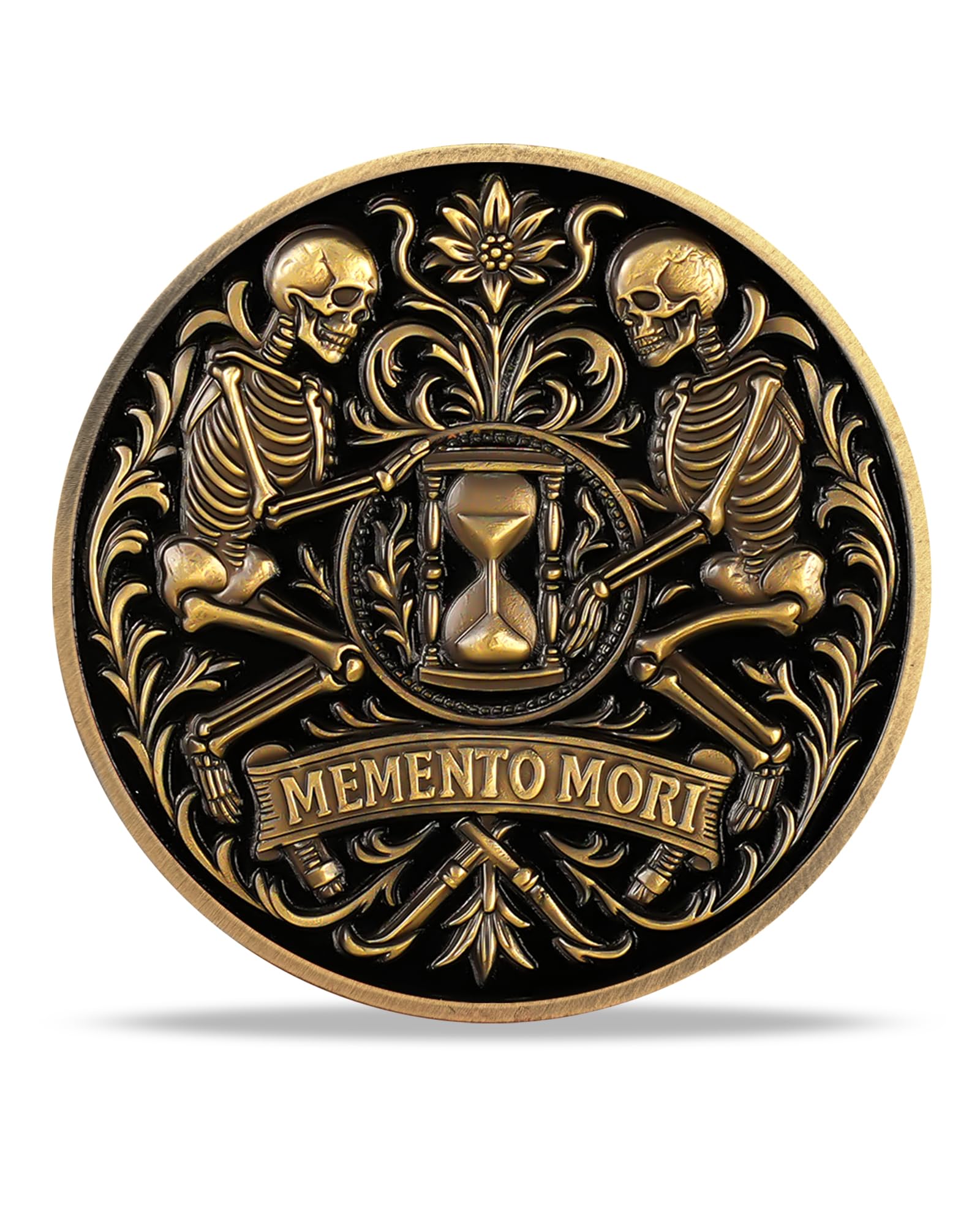 Dual Skeletons Guarding Hourglass-Symbol of Mortality and Time Memento Mori Coin mysite
