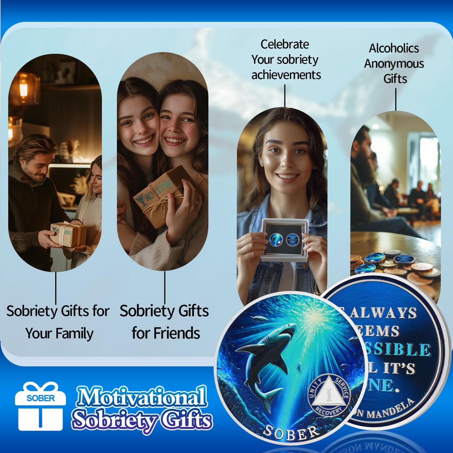 Personalized Mighty Shark  Swim to The Light  Sobriety Coin mysite