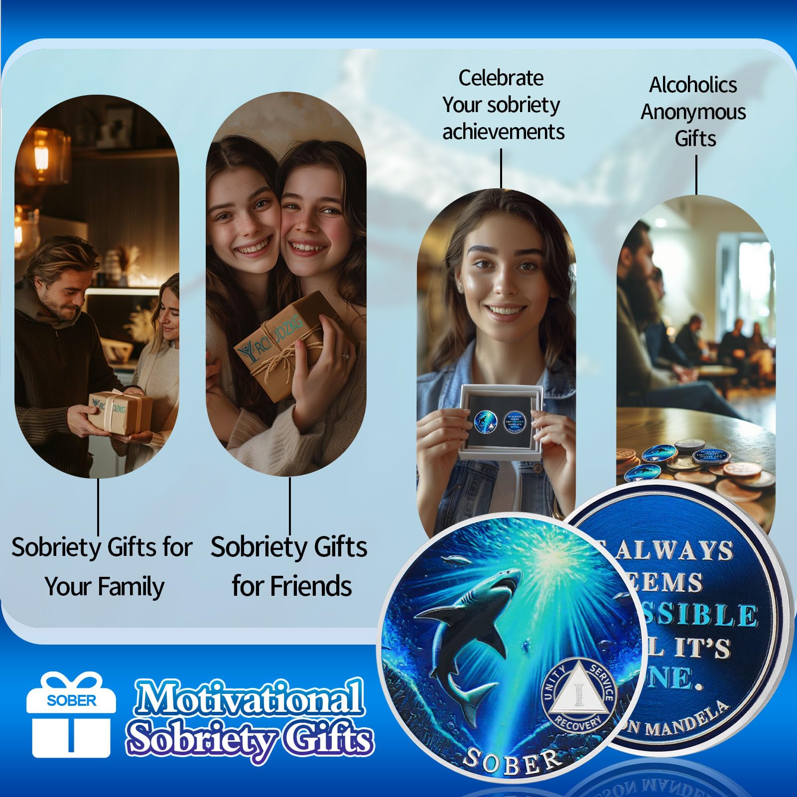 Personalized Mighty Shark  Swim to The Light  Sobriety Coin mysite