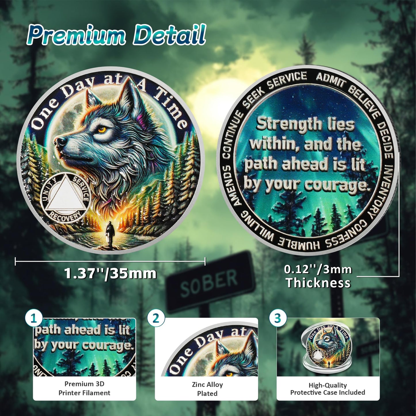 Personalized Recovery Triangle Forest Wolf One Day at a Time Sobriety Coin mysite