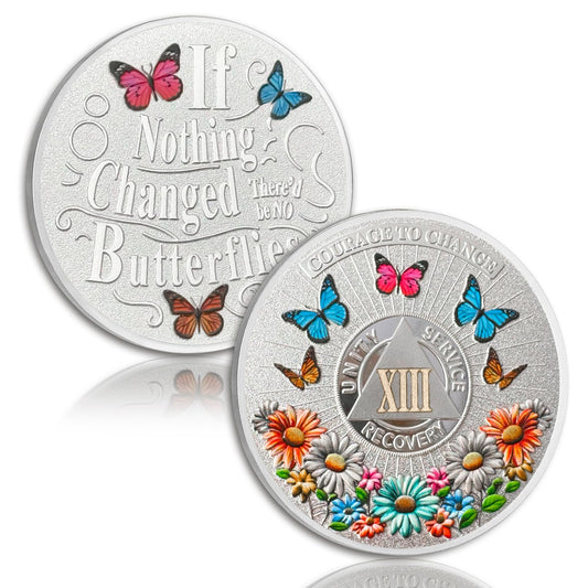 Colorful Sunflower 35 Year Sobriety Coin, Butterfly AA Coin - Courage to Change AA Chips and Medallion - Clean Thirty Year Sober Chip - Silver Recovery AA Chip - Sobriety Gifts for Women Men Eterna Paths