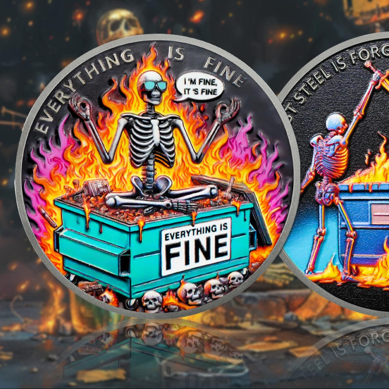 Colorful Skull Dumpster Fire Challenge Coin mysite