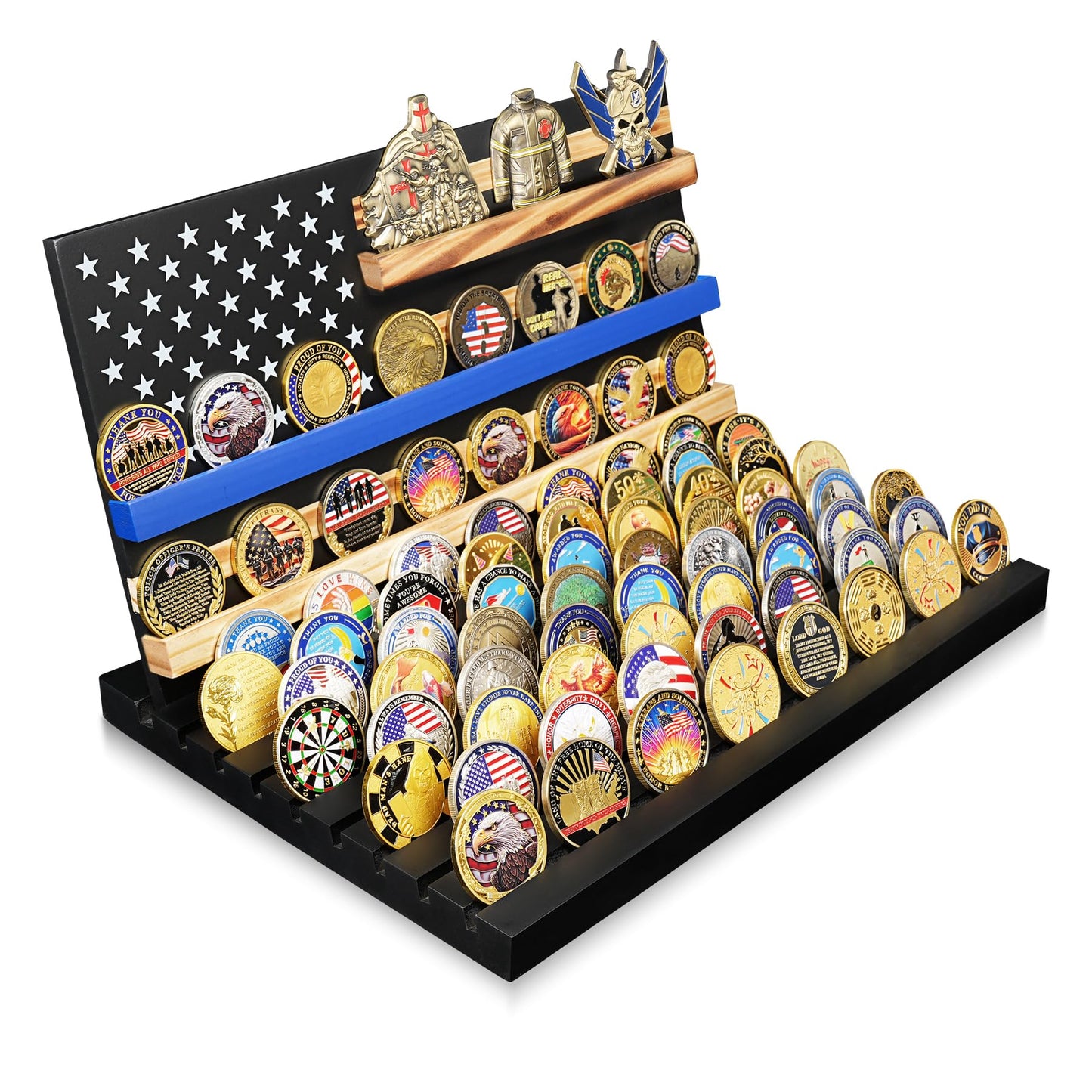 Wooden Removable 11 Rows Challenge Coin Display With American Flag mysite