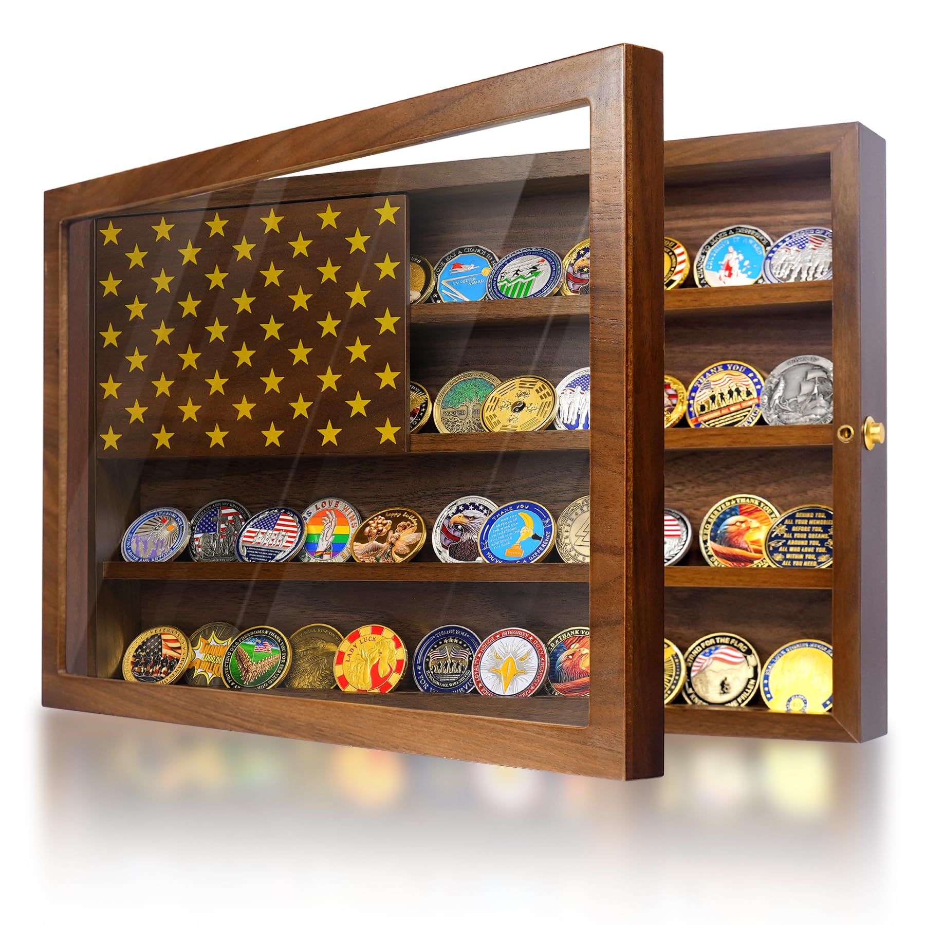 Anti-Fade Acrylic Door / Wooden Wall Mounted Coin Display Stand with Magnetic American Flag Holds 64-73 Coins mysite