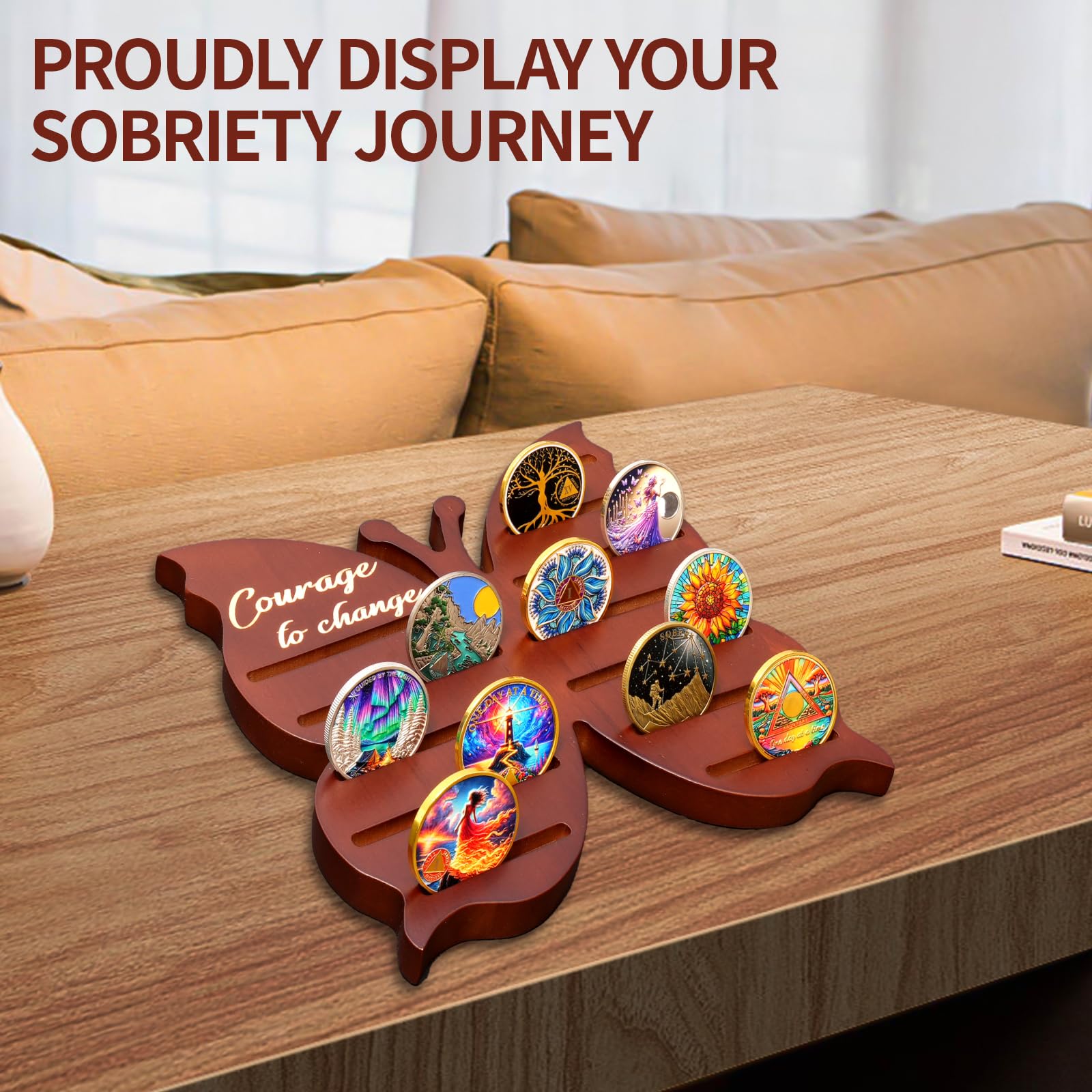 Solid Wood Sobriety Coin Holder Display Case with Courage to Change Design mysite