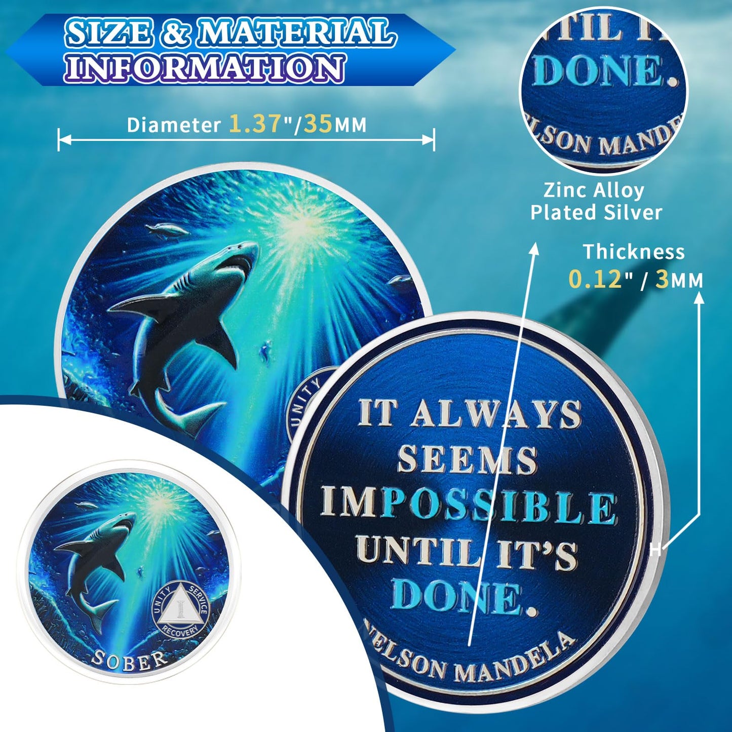 Personalized Mighty Shark  Swim to The Light  Sobriety Coin mysite