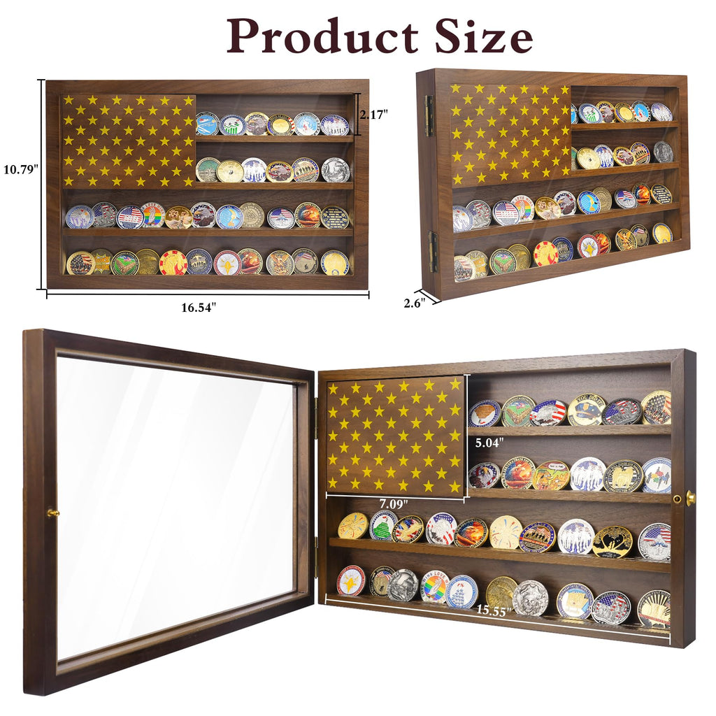 Anti-Fade Acrylic Door / Wooden Wall Mounted Coin Display Stand with Magnetic American Flag Holds 64-73 Coins mysite