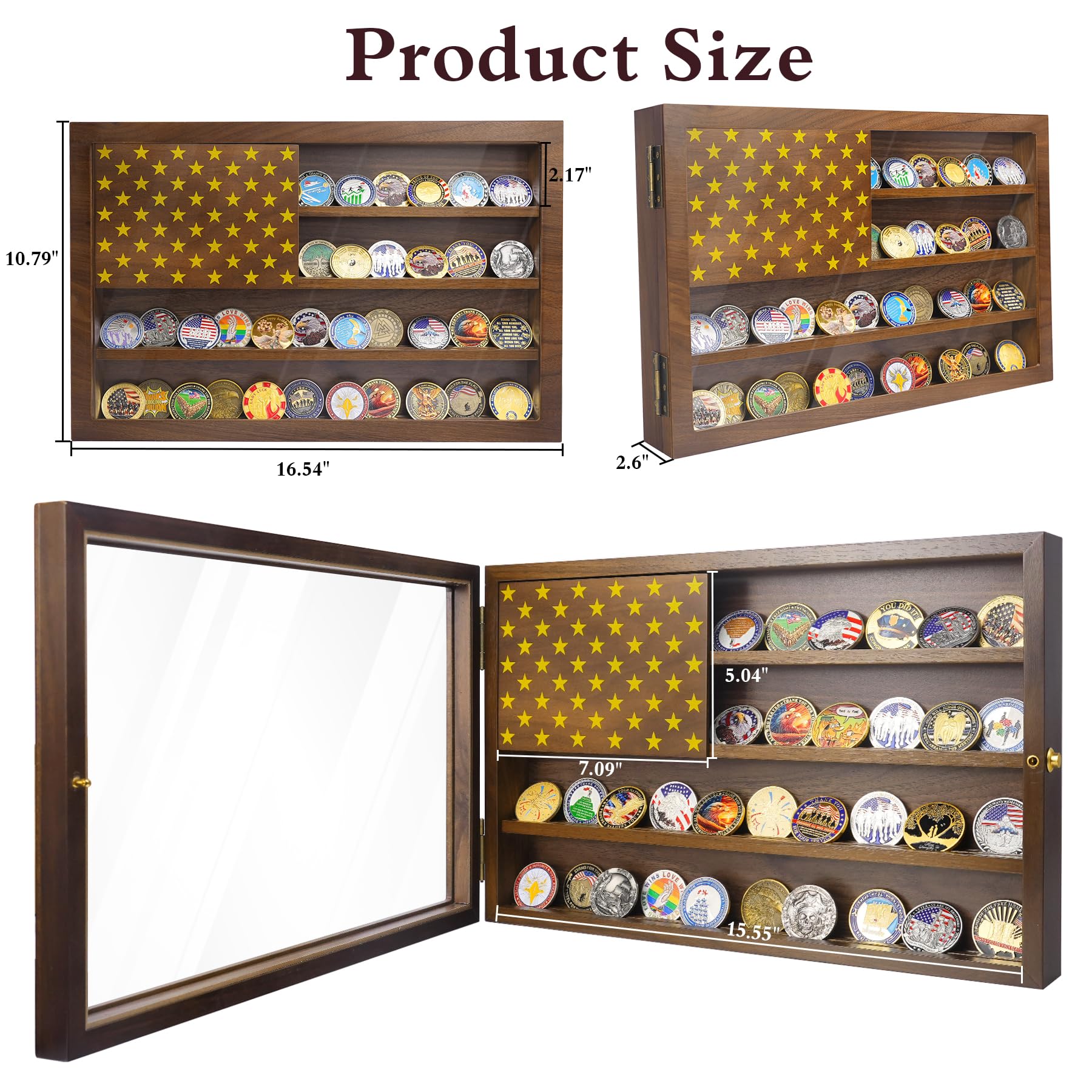 Anti-Fade Acrylic Door / Wooden Wall Mounted Coin Display Stand with Magnetic American Flag Holds 64-73 Coins mysite