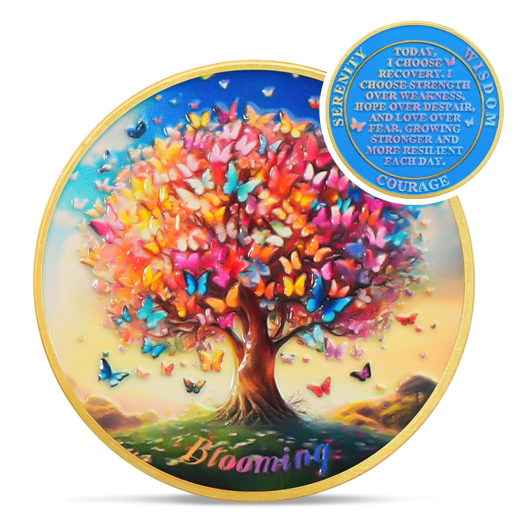 Blooming Tree of Life Colorful Recovery Butterfly Sobriety Coin mysite