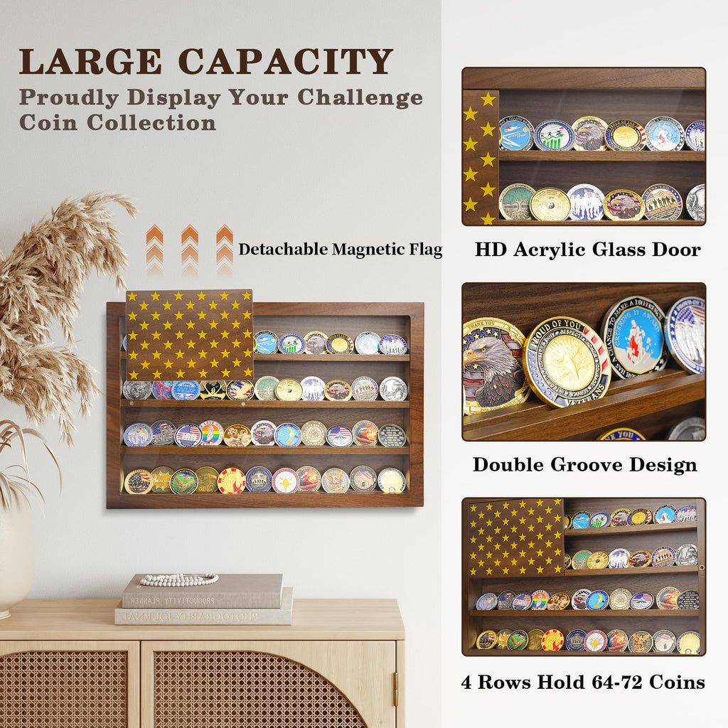 Anti-Fade Acrylic Door / Wooden Wall Mounted Coin Display Stand with Magnetic American Flag Holds 64-73 Coins mysite