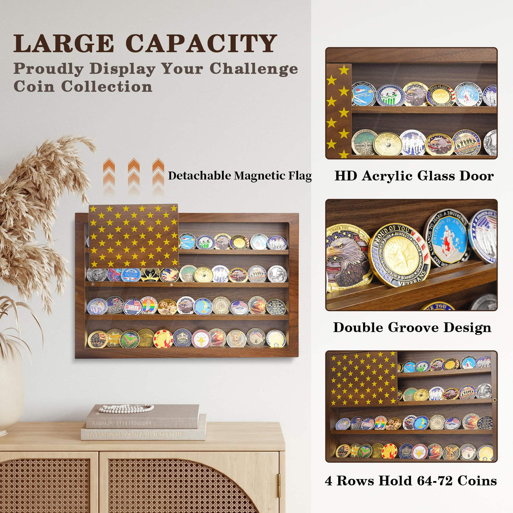 Anti-Fade Acrylic Door / Wooden Wall Mounted Coin Display Stand with Magnetic American Flag Holds 64-73 Coins mysite