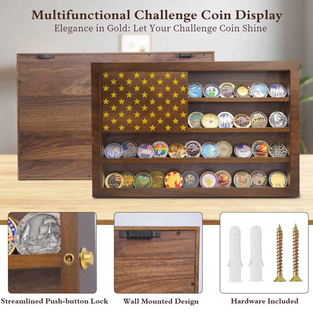 Anti-Fade Acrylic Door / Wooden Wall Mounted Coin Display Stand with Magnetic American Flag Holds 64-73 Coins mysite