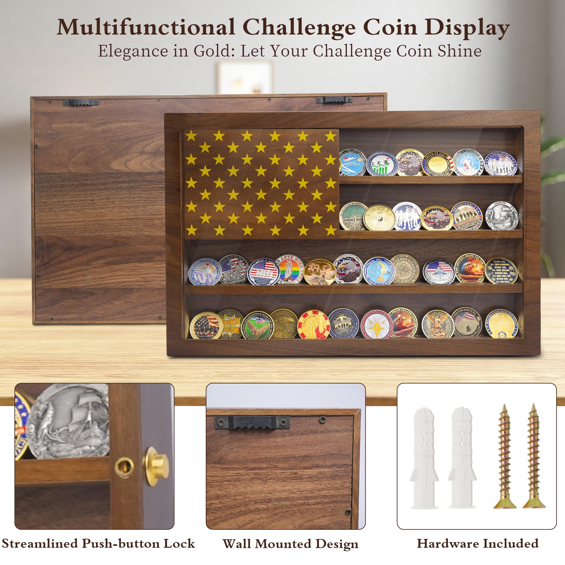 Anti-Fade Acrylic Door / Wooden Wall Mounted Coin Display Stand with Magnetic American Flag Holds 64-73 Coins mysite