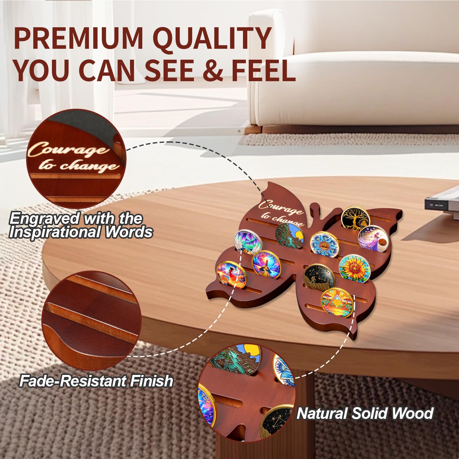 Solid Wood Sobriety Coin Holder Display Case with Courage to Change Design mysite