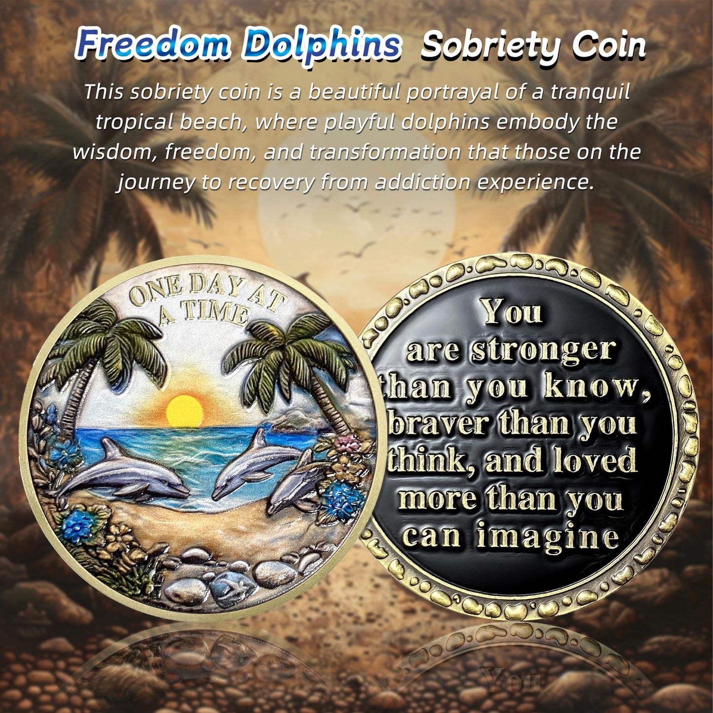 Recovery Addiction Sunset Beach Freedom Dolphins Sobriety Coin mysite