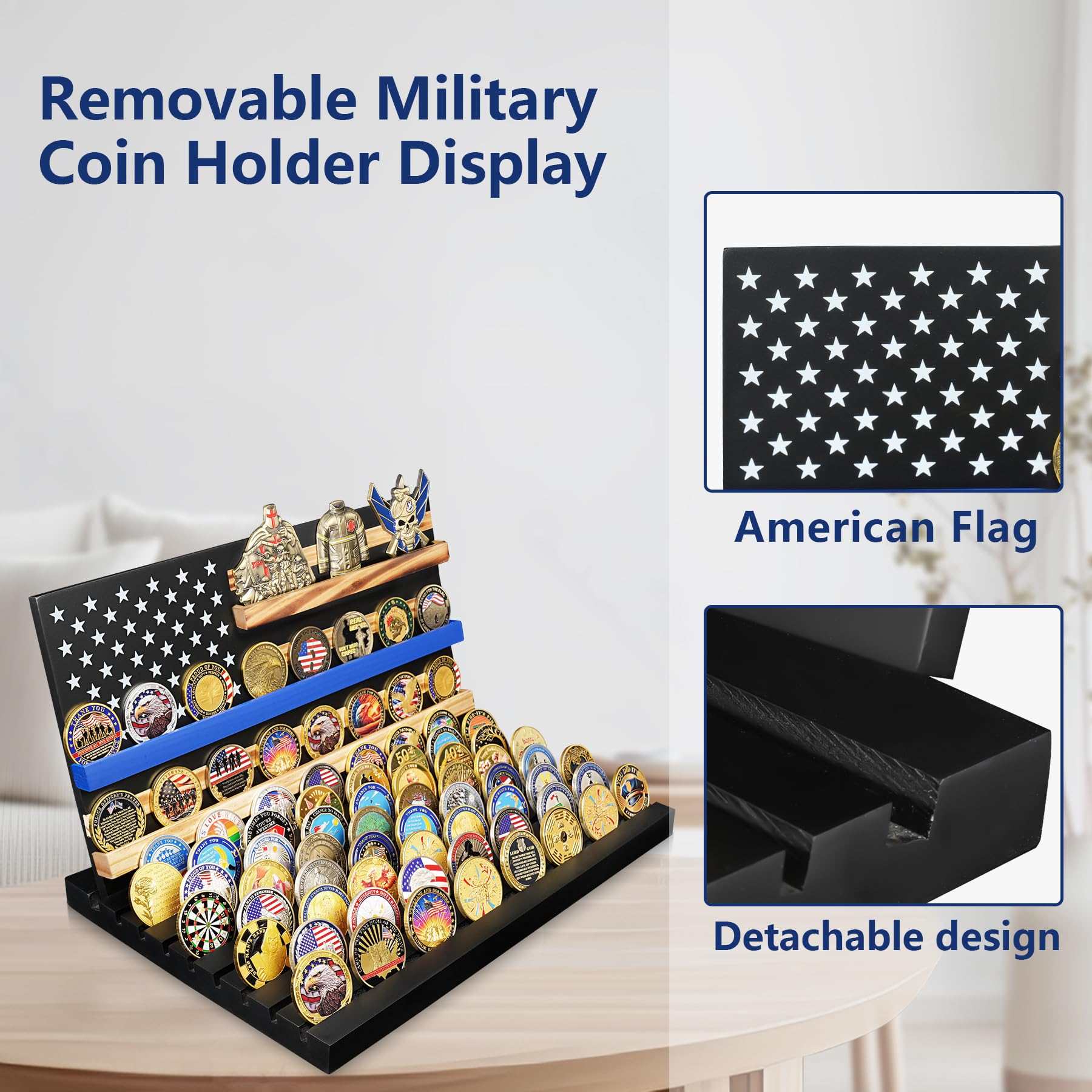 Wooden Removable 11 Rows Challenge Coin Display With American Flag mysite