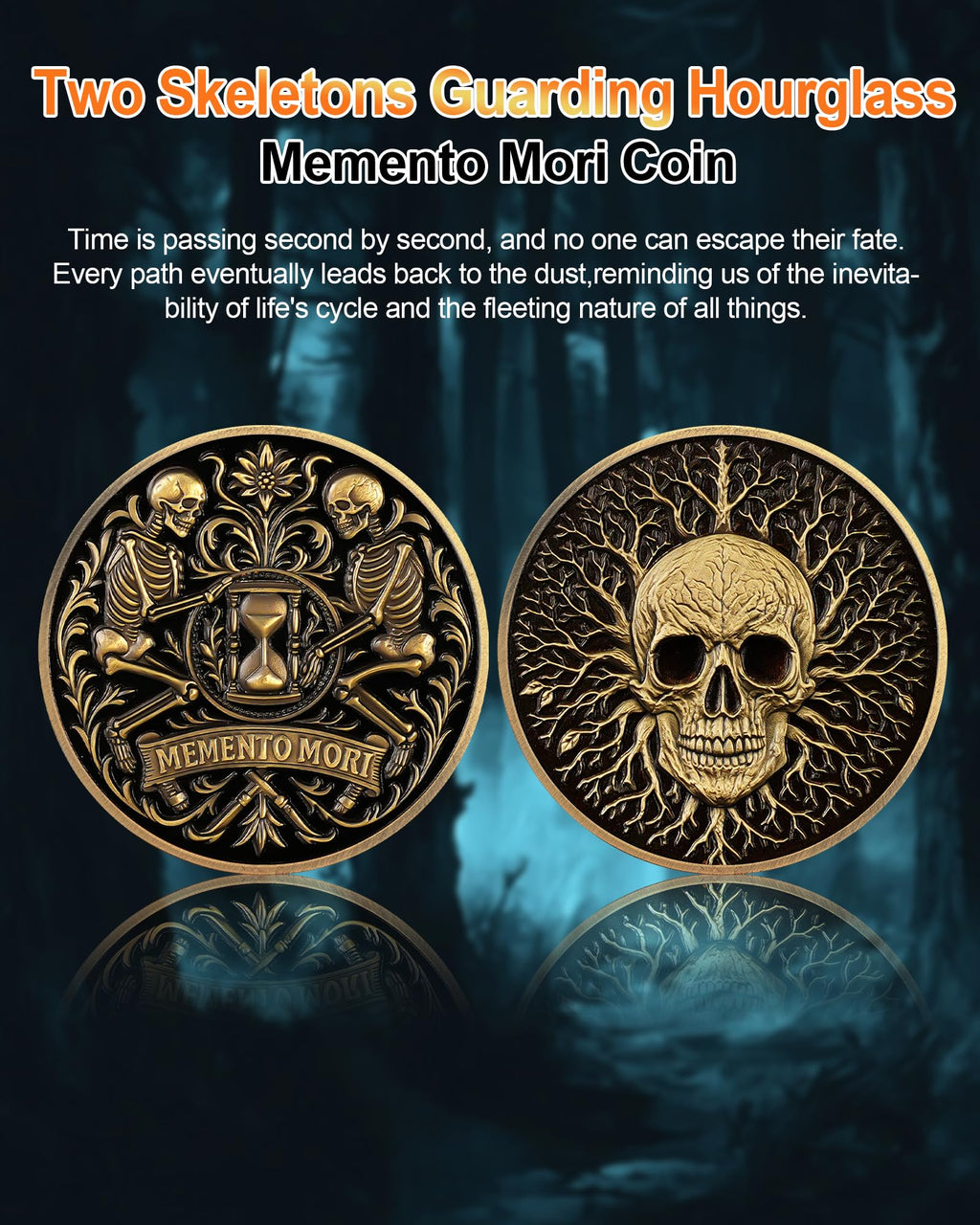Dual Skeletons Guarding Hourglass-Symbol of Mortality and Time Memento Mori Coin mysite