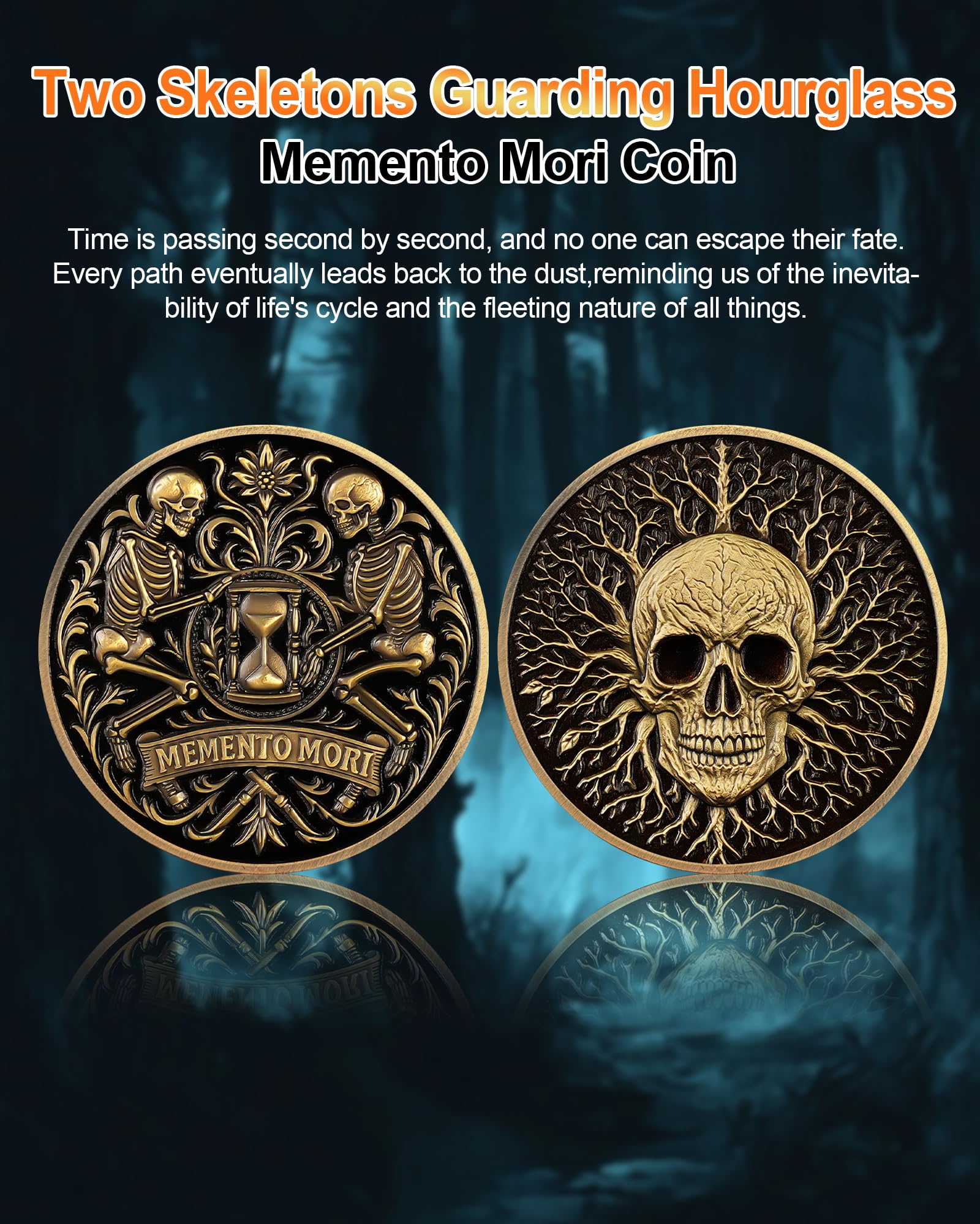 Dual Skeletons Guarding Hourglass-Symbol of Mortality and Time Memento Mori Coin mysite
