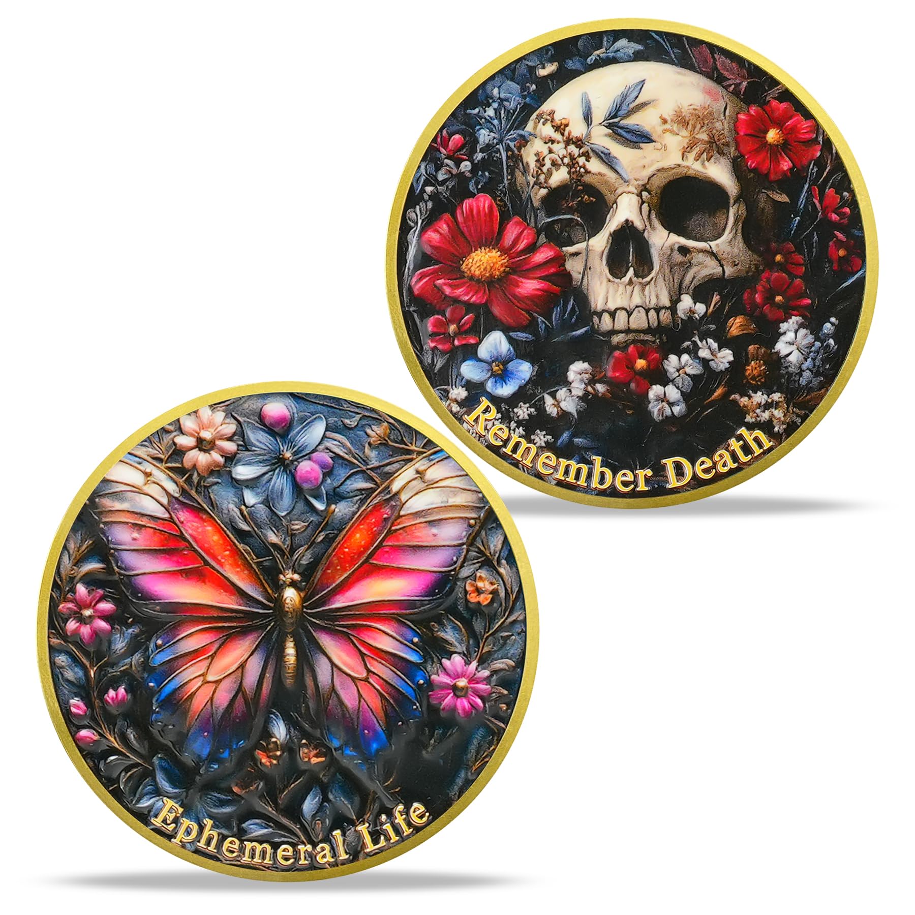 Remember Death with Flowers and Butterfly Memento Mori Skull Coin mysite