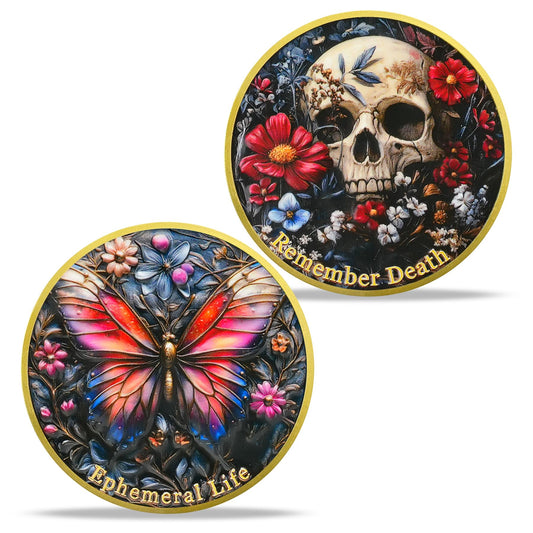 Remember Death with Flowers and Butterfly Memento Mori Skull Coin mysite