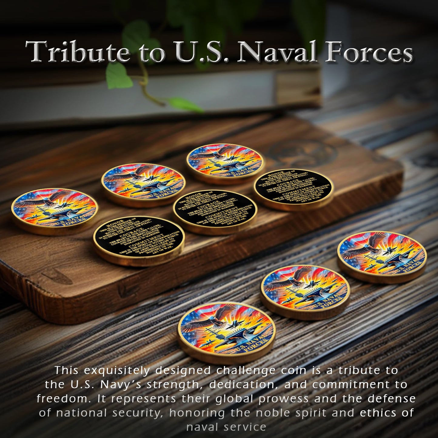 U.S. Naval Forces Veterans Navy Coin with Aircraft Carrier Eagle Military Core Values Tribute mysite