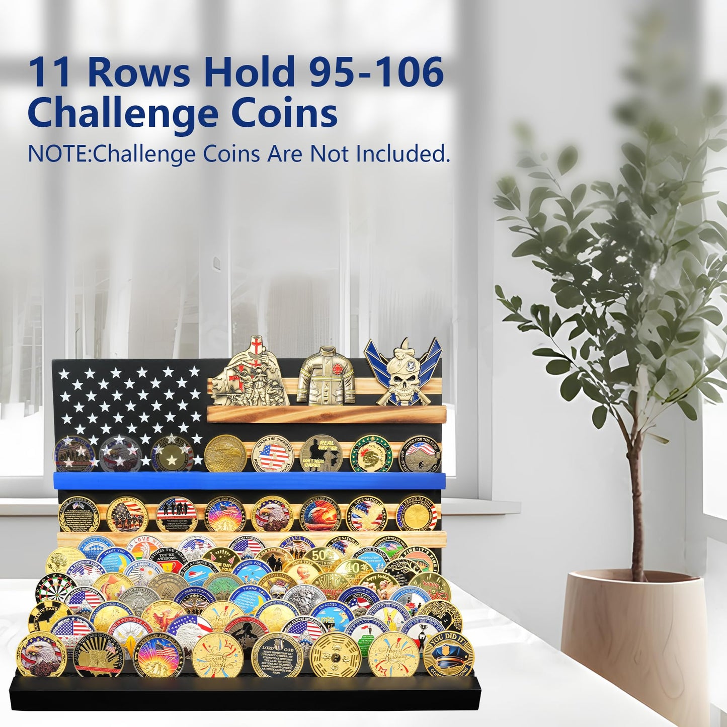 Wooden Removable 11 Rows Challenge Coin Display With American Flag mysite