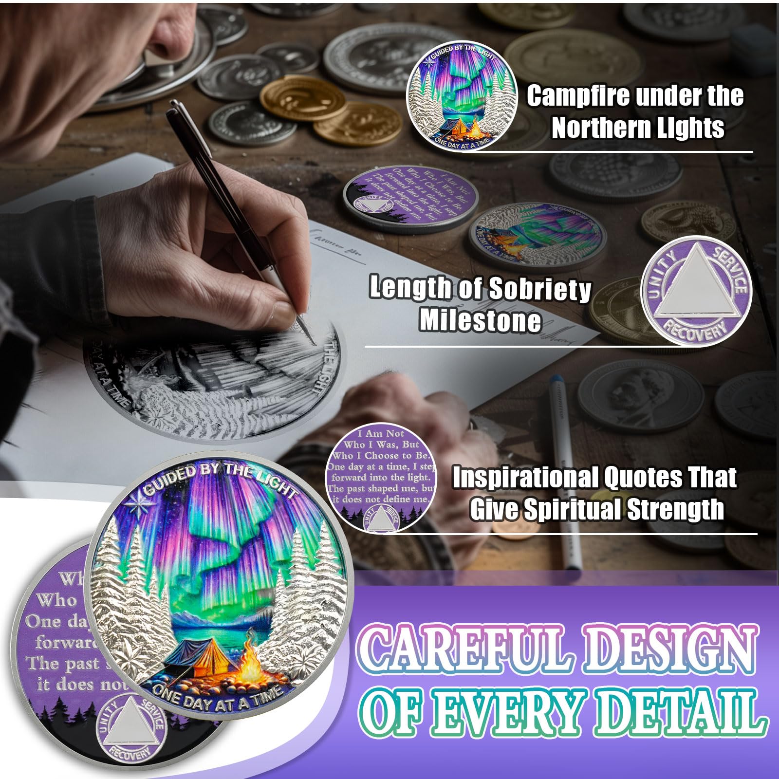 Guided by Northern Lights 90 Day Sobriety Coin - One Day at a Time 3 Month AA Coin, Alcohol Free Anniversary Recovery Chip with Token Capsule, Inspirational Sobriety Gifts for Men & Women amazon