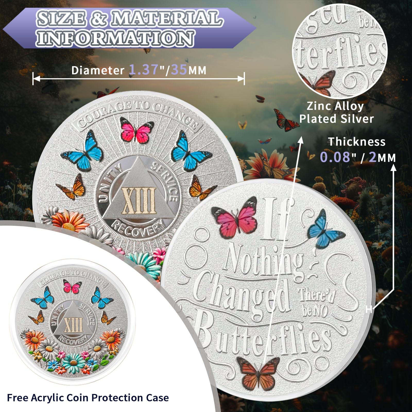Colorful Sunflower 35 Year Sobriety Coin, Butterfly AA Coin - Courage to Change AA Chips and Medallion - Clean Thirty Year Sober Chip - Silver Recovery AA Chip - Sobriety Gifts for Women Men Eterna Paths