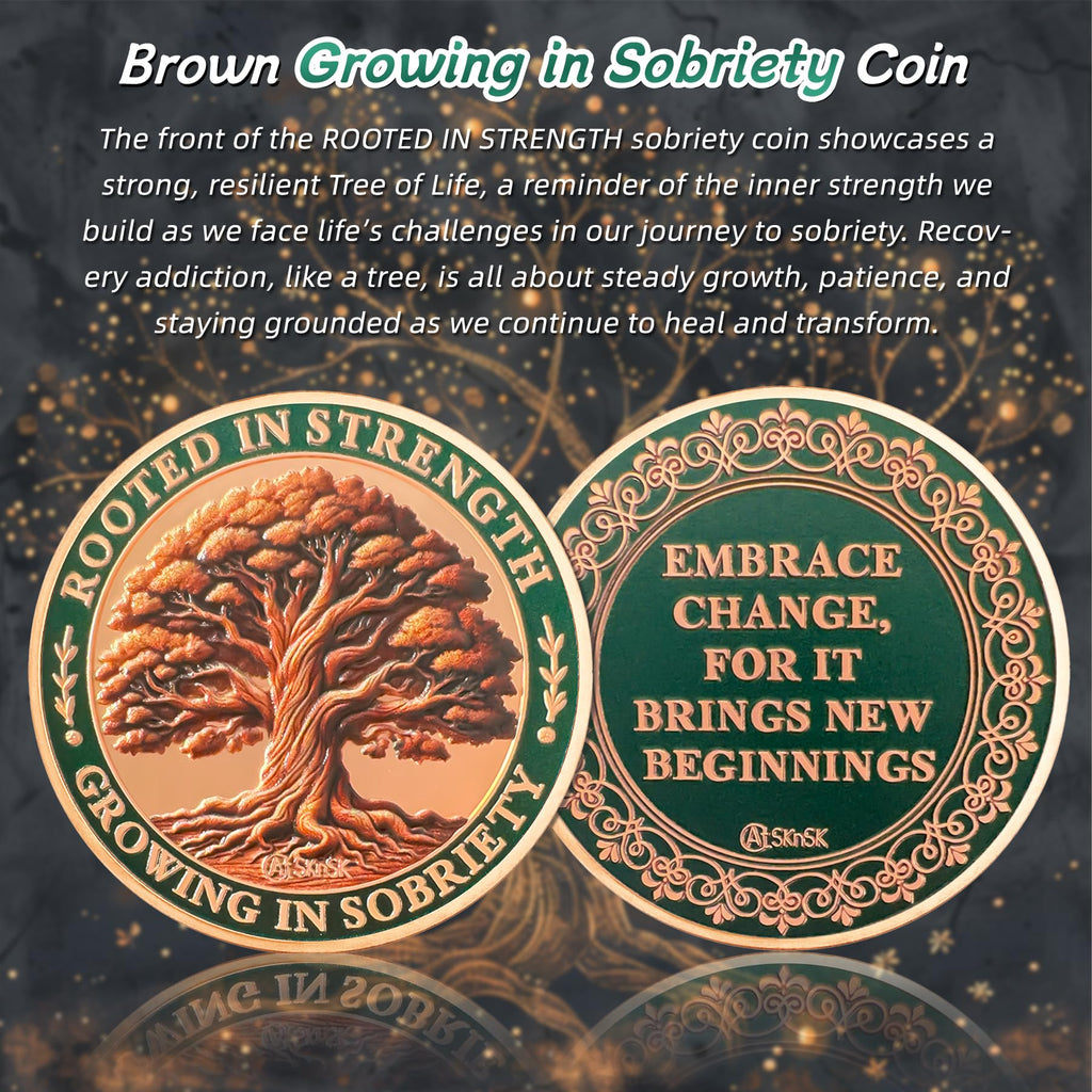 Brown Growing in Sobriety Tree of Life Embrace Change Coin mysite