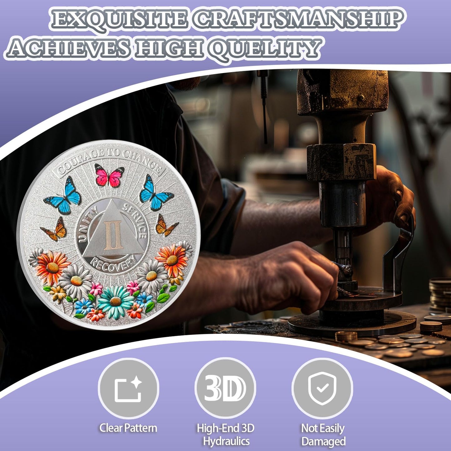 Colorful Sunflower 2 Year Sobriety Coin Butterfly Two Year Sobriety Chip Courage to Change AA Chips and Medallion Silver AA Coin Recovery Anniversary Token Sobriety Gifts for Men Women YRCKUDZKG