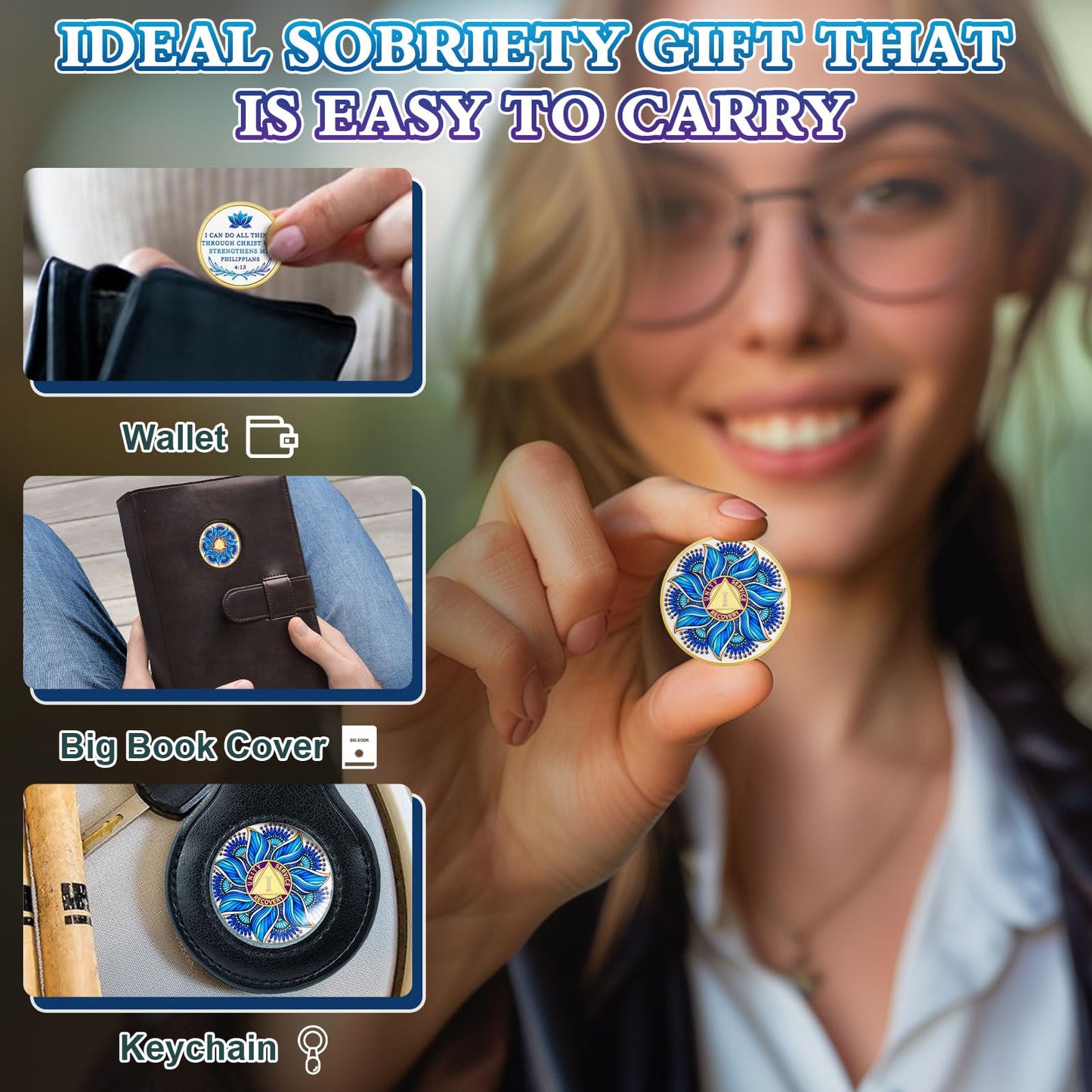 Personalized Recovery & Growth Blue Lotus Sobriety Coin mysite