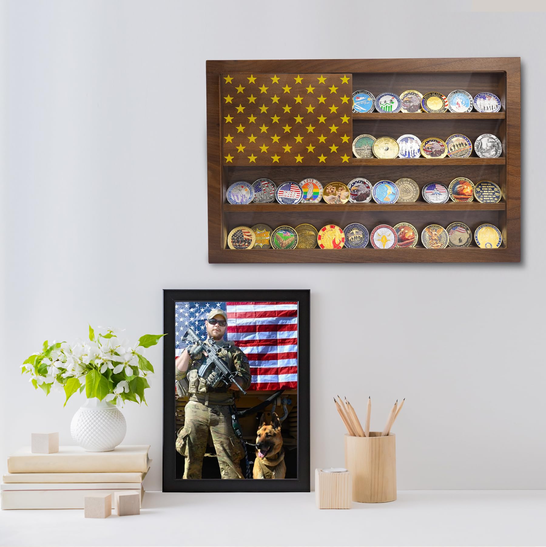 Anti-Fade Acrylic Door / Wooden Wall Mounted Coin Display Stand with Magnetic American Flag Holds 64-73 Coins mysite