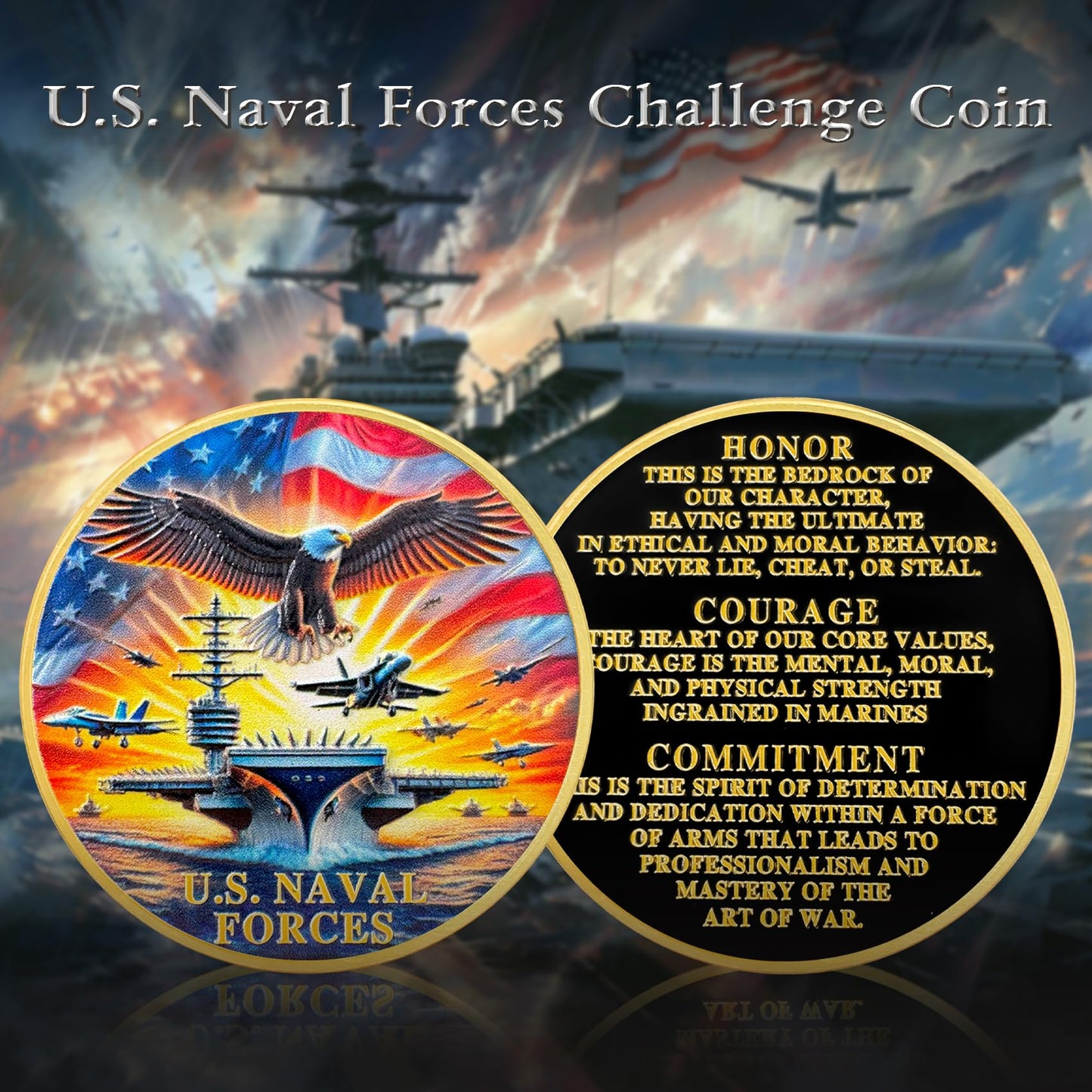 U.S. Naval Forces Veterans Navy Coin with Aircraft Carrier Eagle Military Core Values Tribute mysite