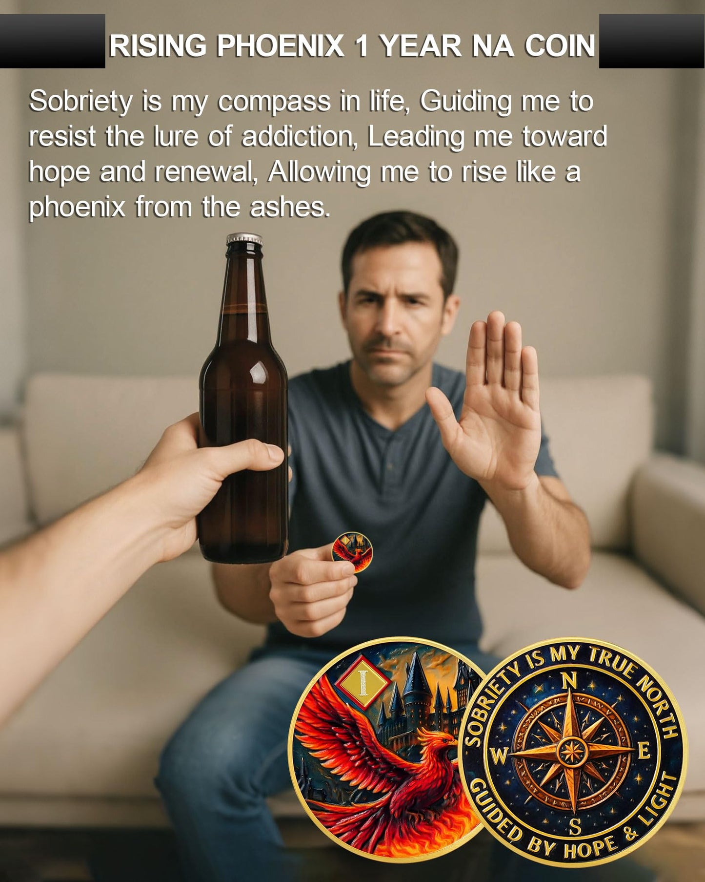 Personalized Rising Phoenix Compass to Guide The Way Sobriety Coin mysite