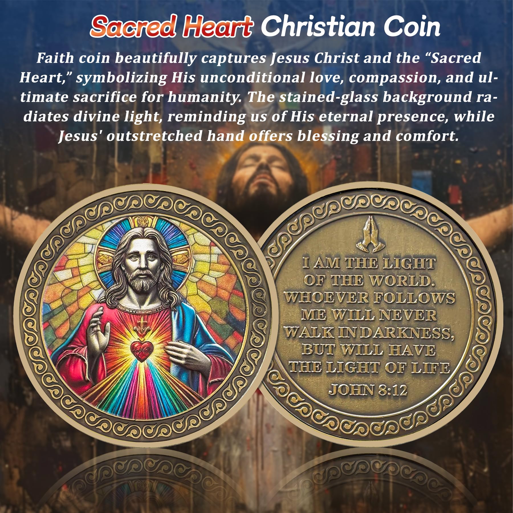Original Sacred Heart Christian opper John 8:12 Jesus Religious Challenge Coin mysite