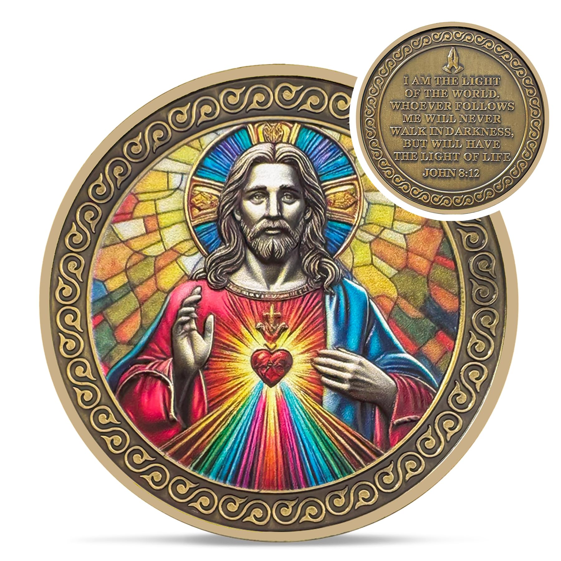 Original Sacred Heart Christian opper John 8:12 Jesus Religious Challenge Coin mysite
