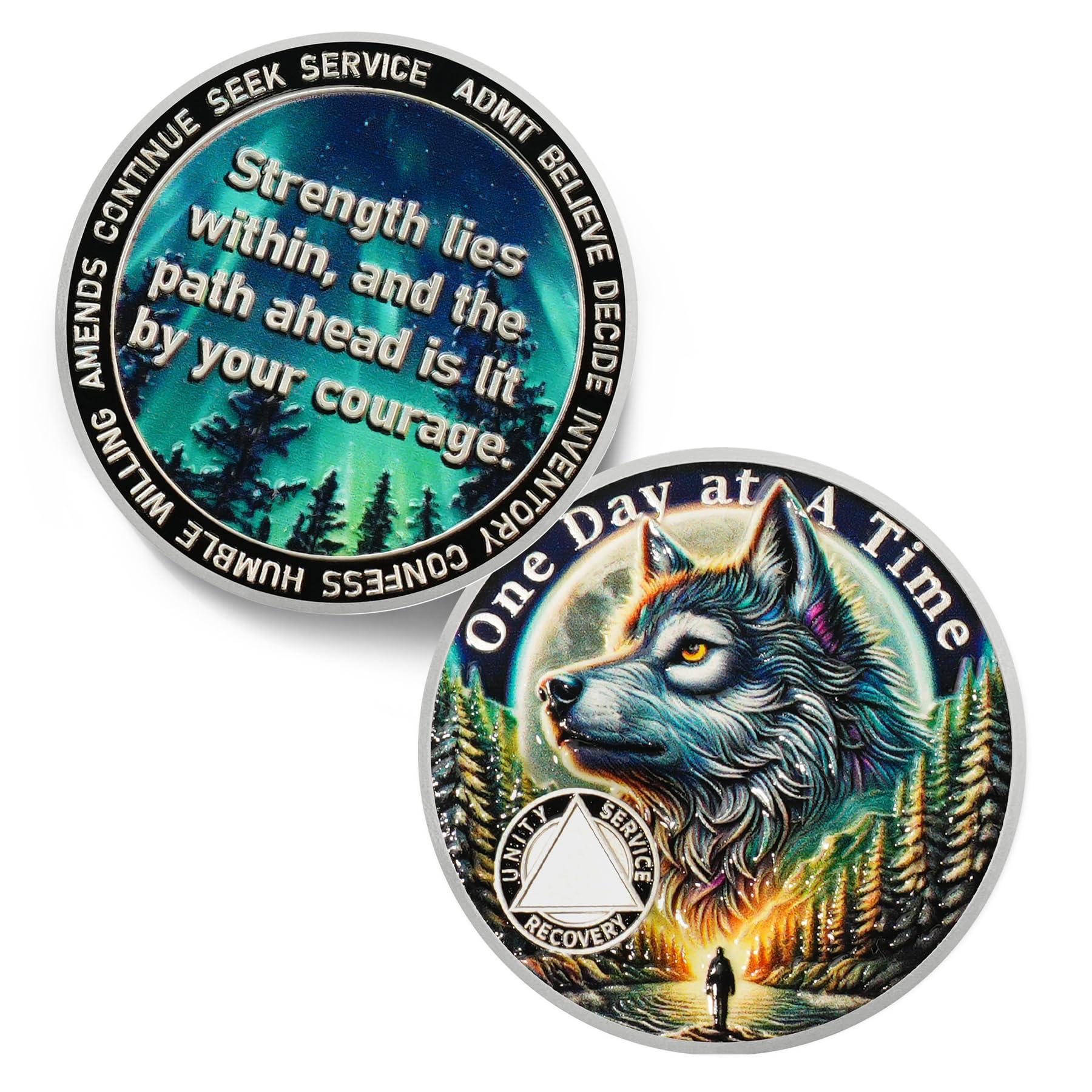 Personalized Recovery Triangle Forest Wolf One Day at a Time Sobriety Coin mysite